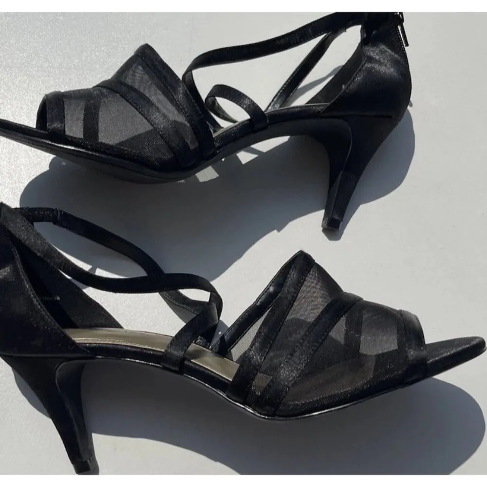 Amelia Grace Shoes Women’s Size 10 Palm Print Fabric Heels Slip On Open Toe Heel Black - Image 9