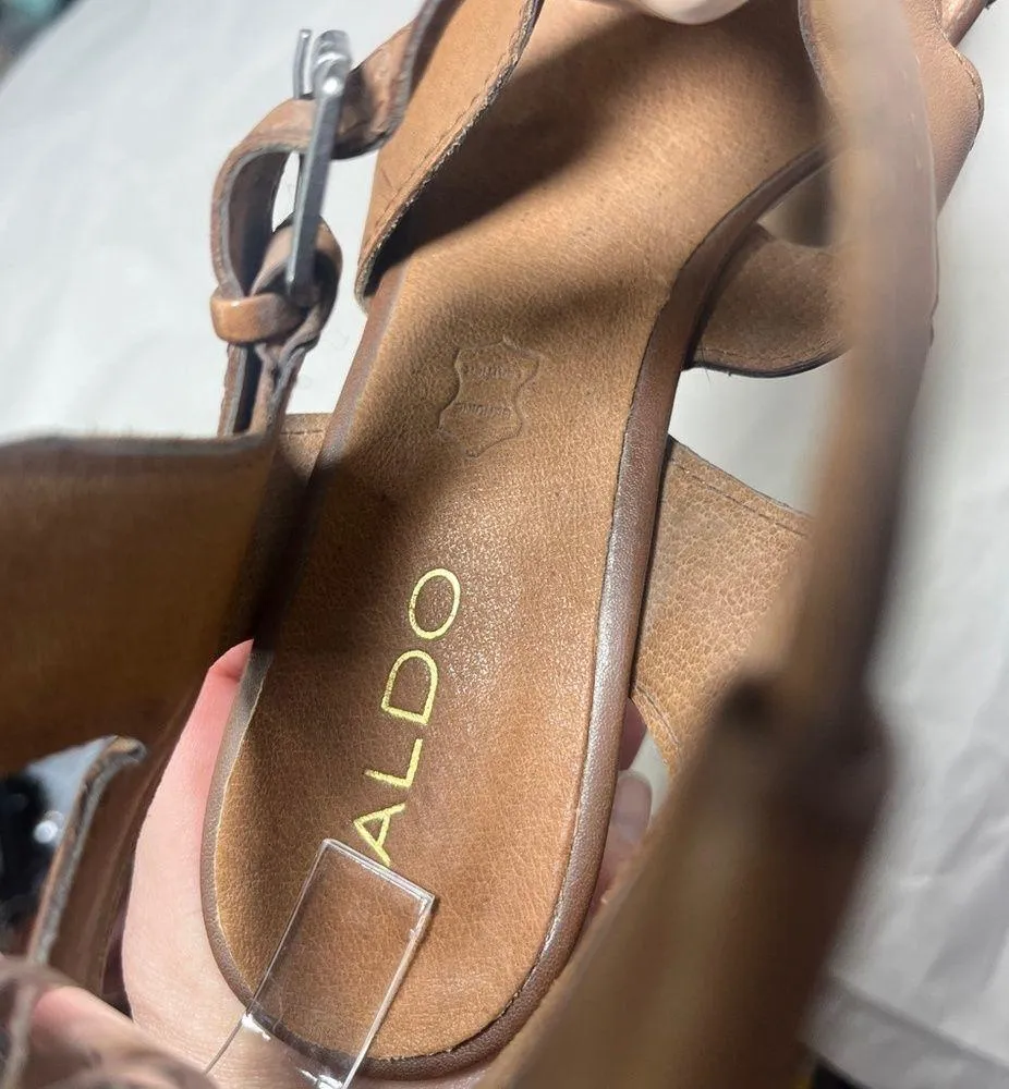 Aldo Strappy Gladiator Stacked Block Heel Leather Sandals Cognac Sz 9 - Image 6
