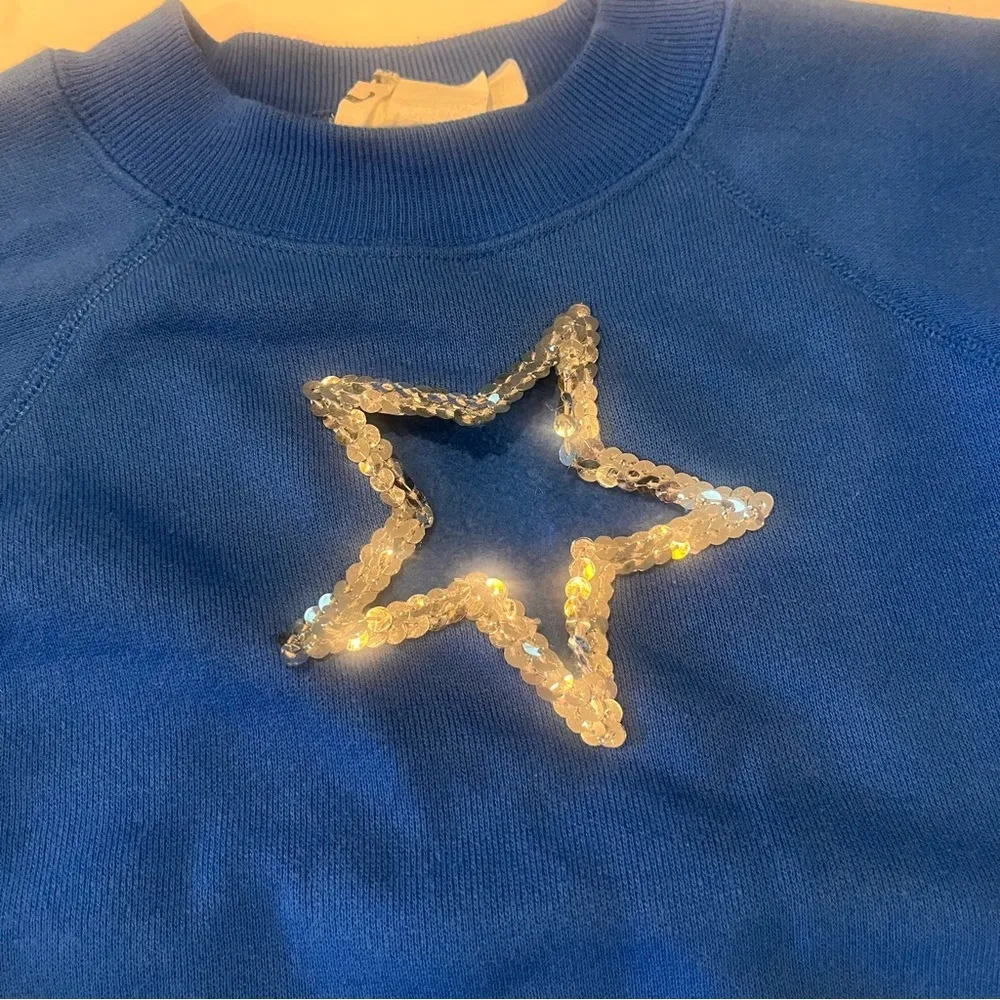 VTG Indie Sleaze McBling Sequin OPEN TO SKIN Sexy Star Cutout Blue Slouchy Top M Size M - Image 5