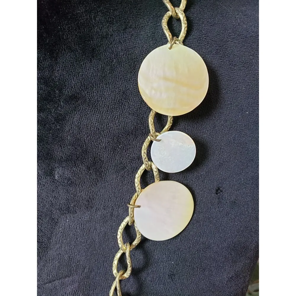 Women's Shell Disc Statement Necklace Textured Chain Toggle Clasp Boho Style Gold - Image 4