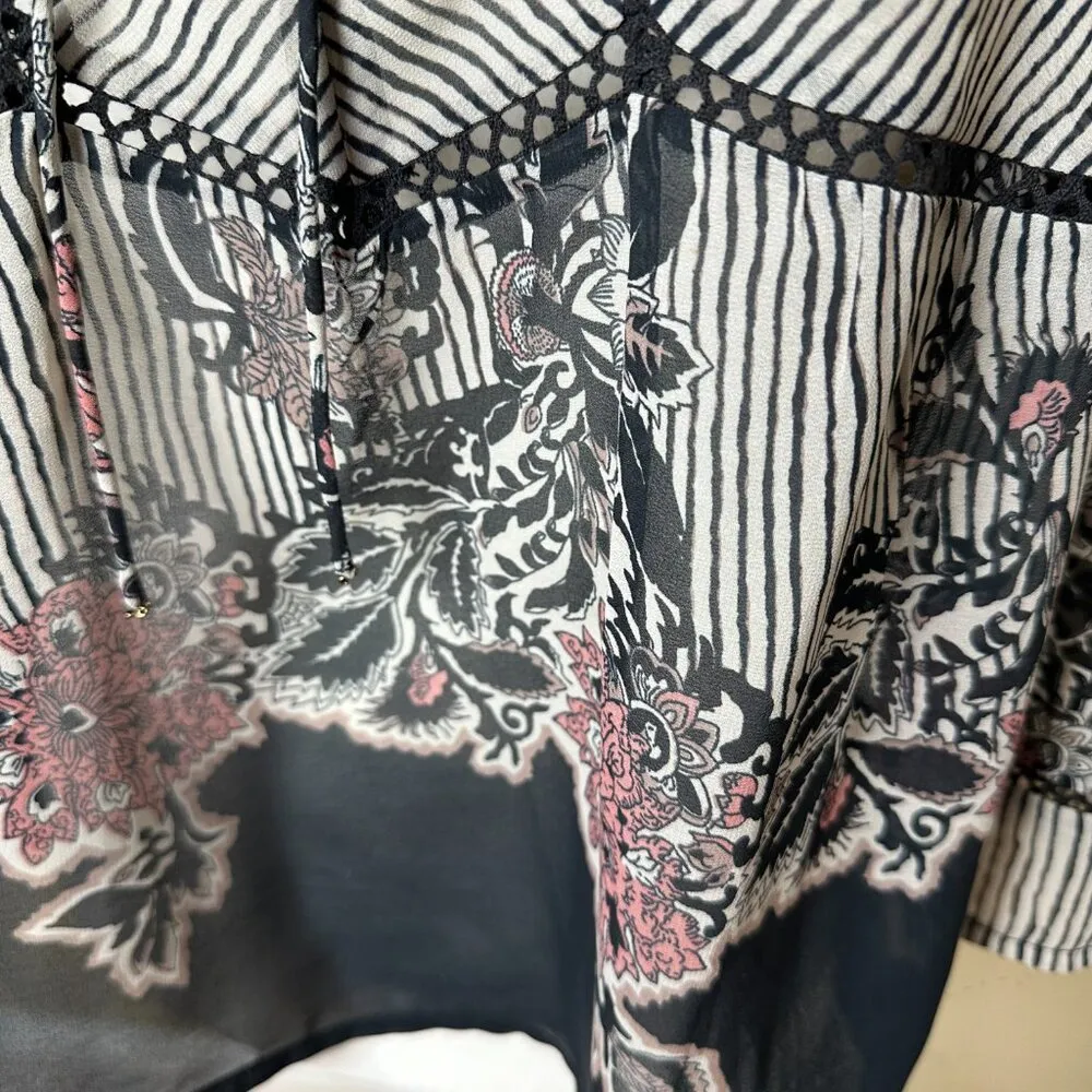 LUCKY BRAND Sheer V Neck Stripe & Floral Blouse Top Trumpet Sleeve - size Medium - Image 3