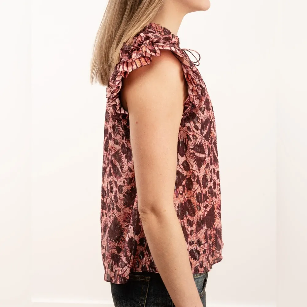 Ulla Johnson Dira Top Bordeaux Metallic Ruffle Size 6 Flutter‎ Sleeve Tassel Tie - Image 5