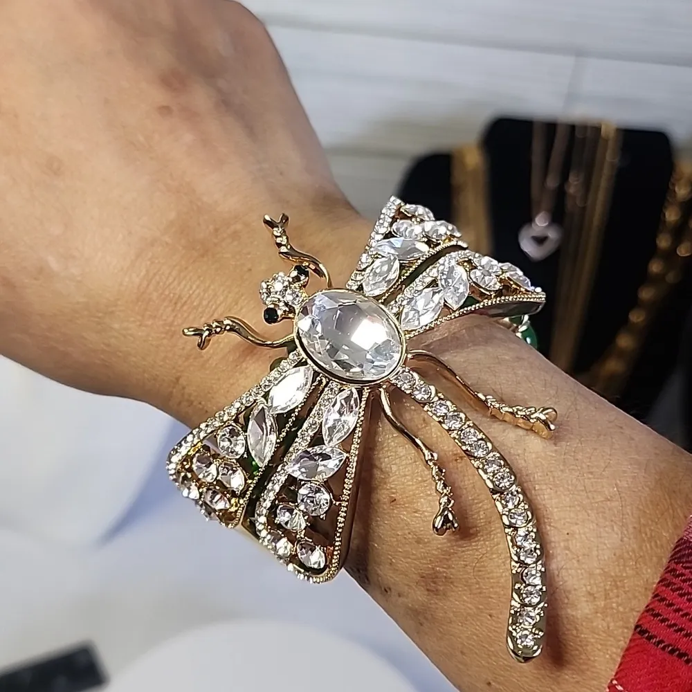 Gold Statement Hinge/ Clamper Bangle Bracelet Dragonfly with Clear Crystals New - Image 7