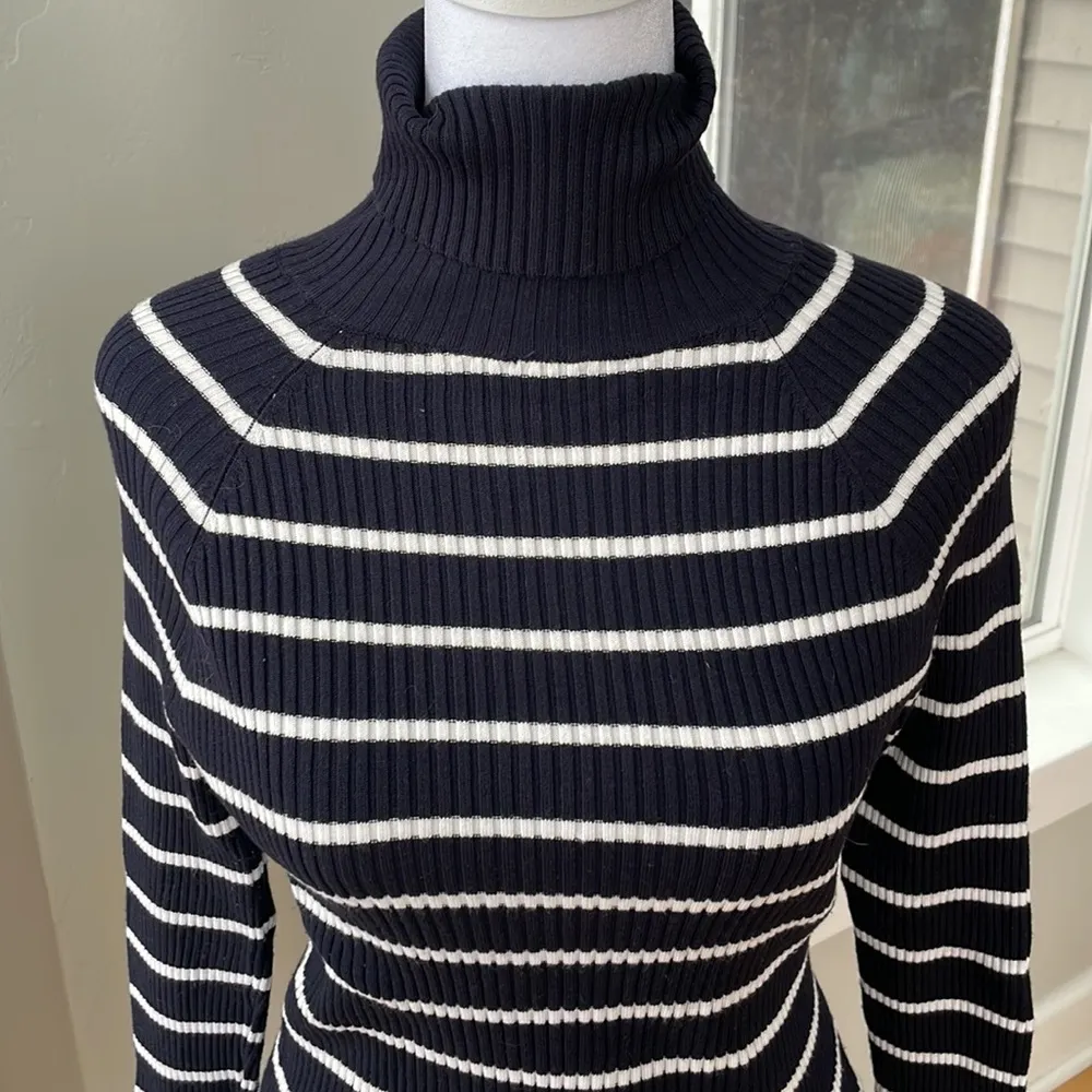 Philosophy Navy and White Striped Ribbed Knit Turtleneck Size Medium - Image 2