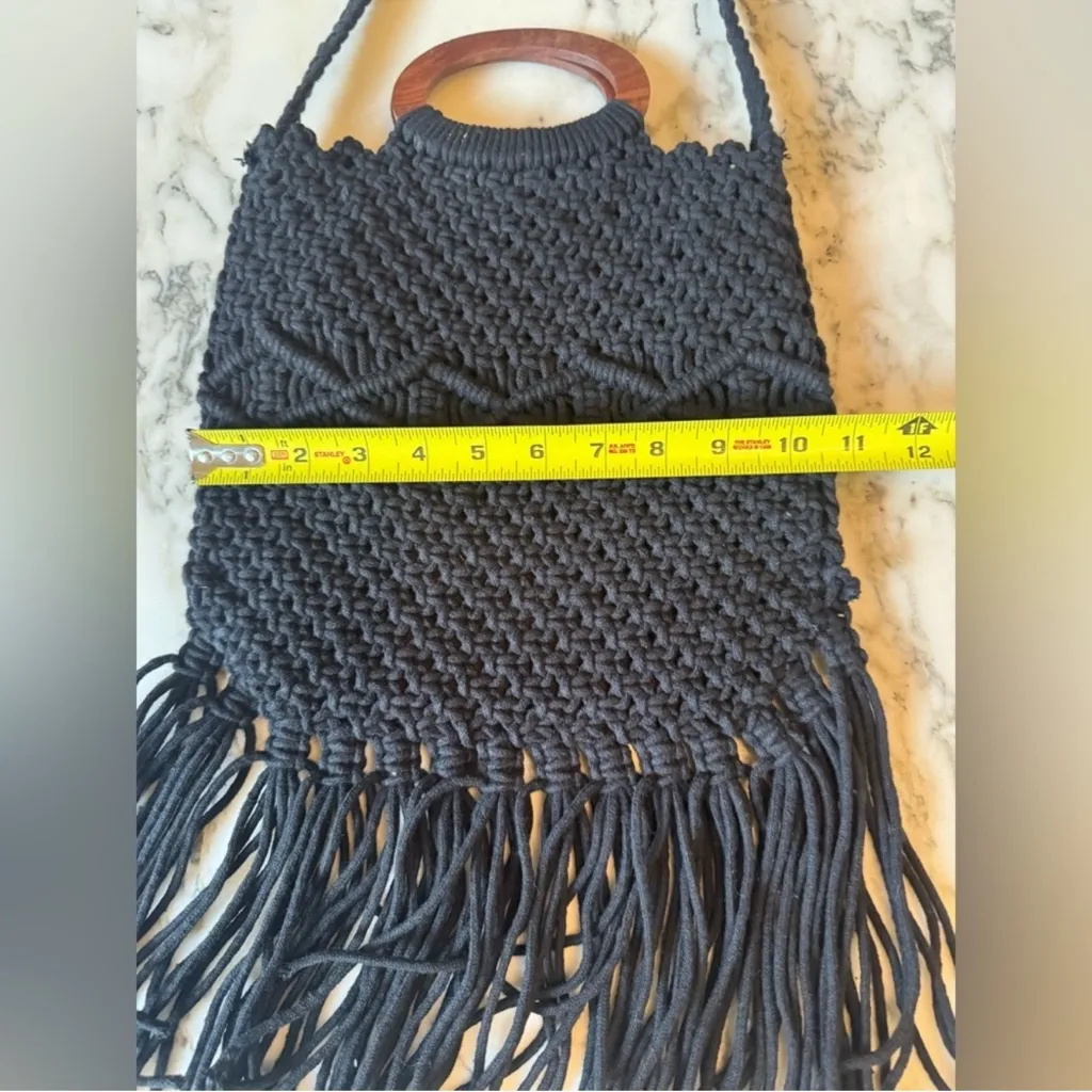 EUC Danielle Nicole Black Crochet Macrame Boho Bag with Fringe & Wooden Handle - Image 5