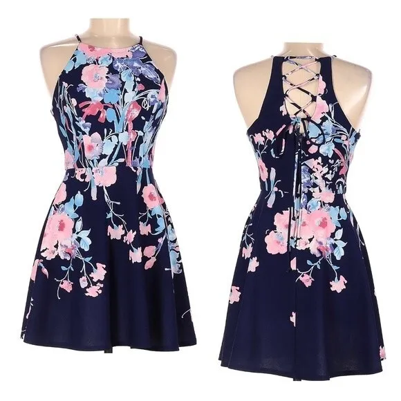 B.Darlin navy floral lace up back halter dress size 7/8 - Image 2
