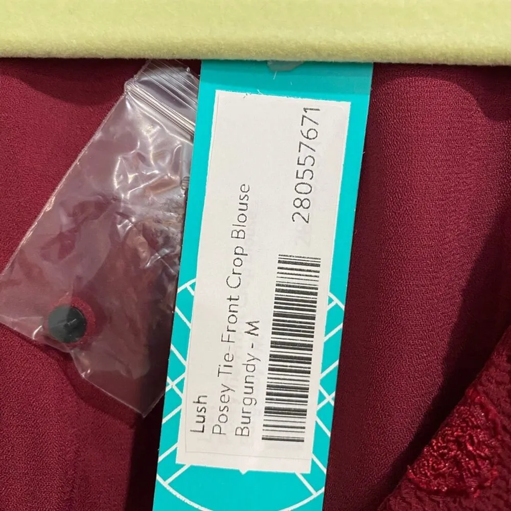 Lush Burgundy Posey Tie Front Crop Blouse Sz M NWT - Image 7