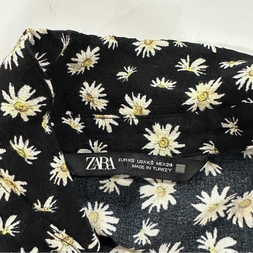 Zara Black & White Daisy Print Short Sleeve Baby Doll a Button Front Dress Sz XS - Image 5