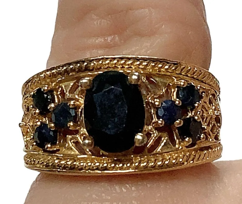 Gold over Sterling Silver 925 Wide Band Ring Size Sz 6 Oval Dark Green Stone - Image 4