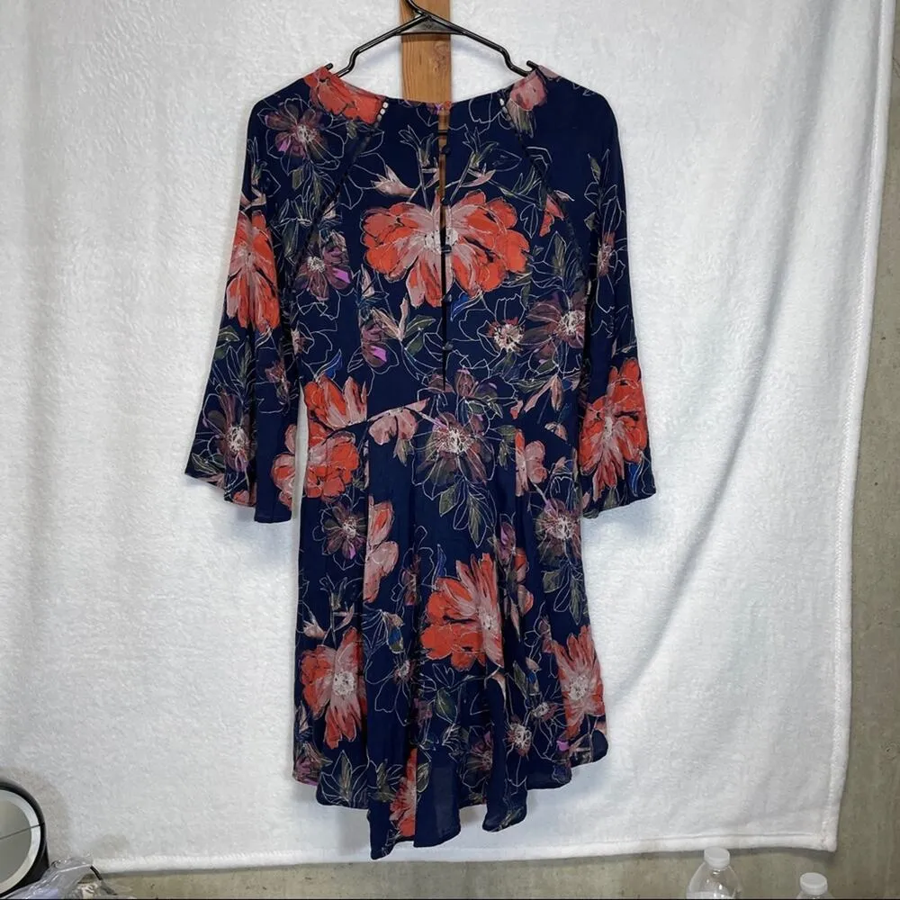 Free People All Eyes On‎ You Navy Blue & Pink Floral Mini Dress Size 2 - Image 5