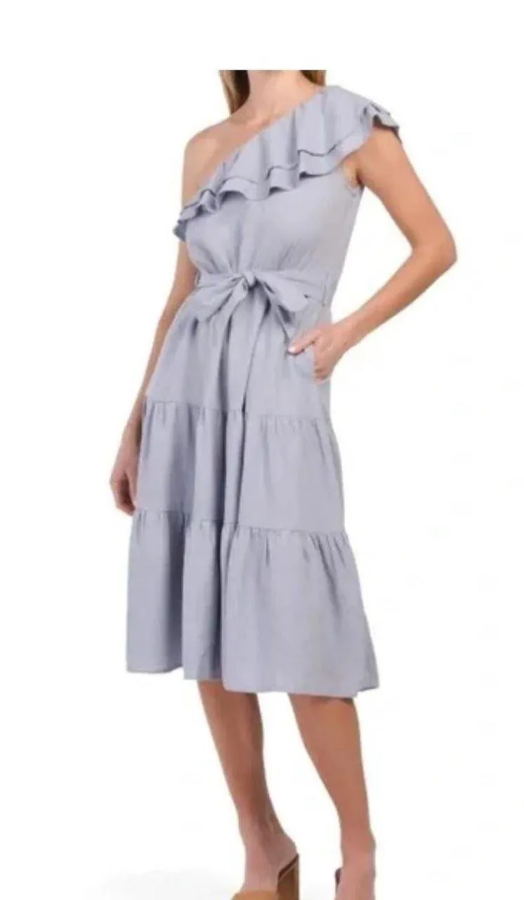 Nicole Miller Asymmetrical One Shoulder Linen Tiered Midi ruffle Dress size M / waist tie not included Blue Size M - Image 4