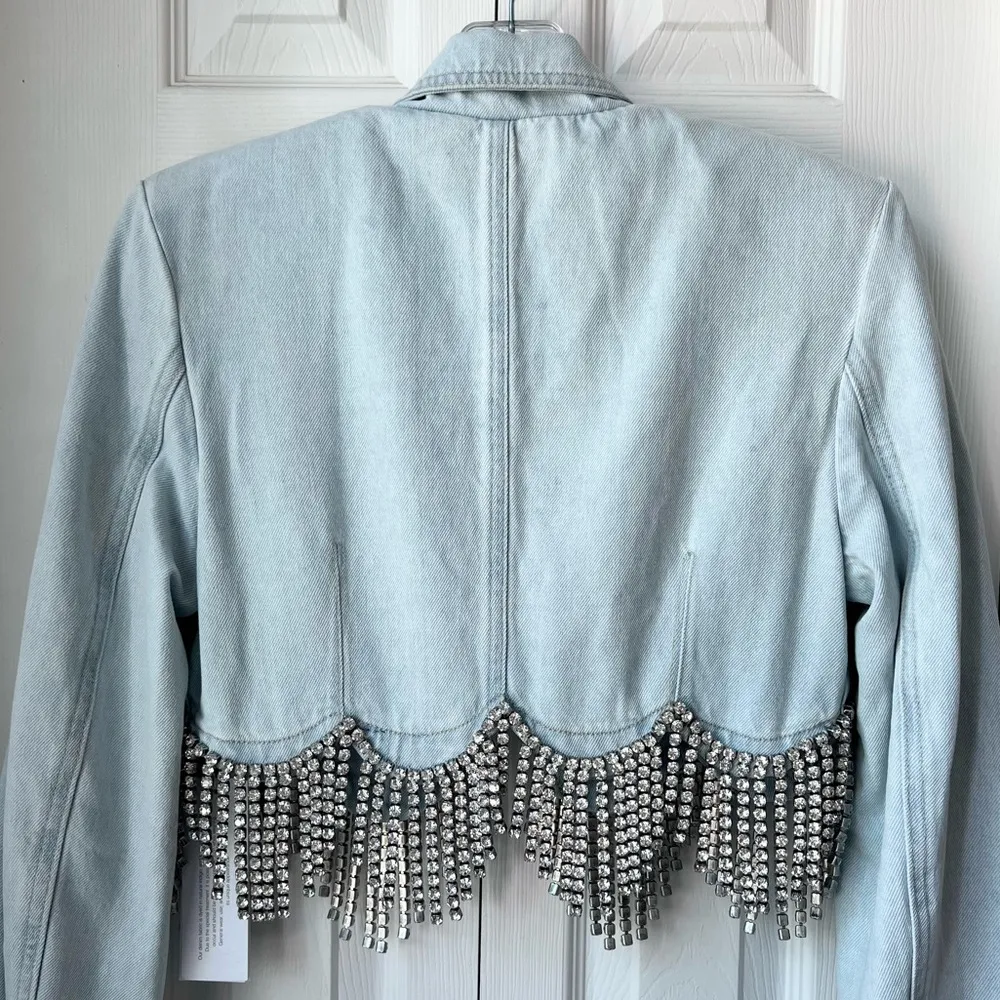 AREA Scalloped Embellished Cropped Denim Jacket in Pale Blue, Size 4, NWT Blue - Image 13
