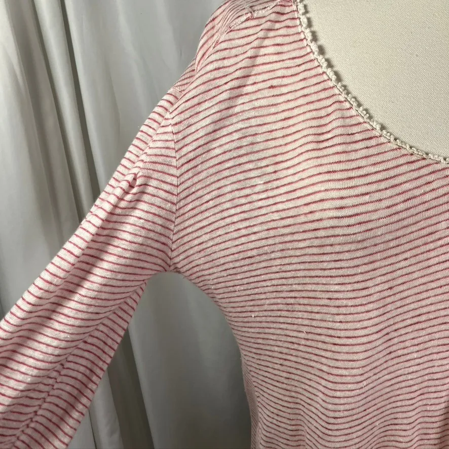 Sundance Linen Long Sleeve V Neck Top Pink Stripe Lightweight Made in Portugal M - Image 4