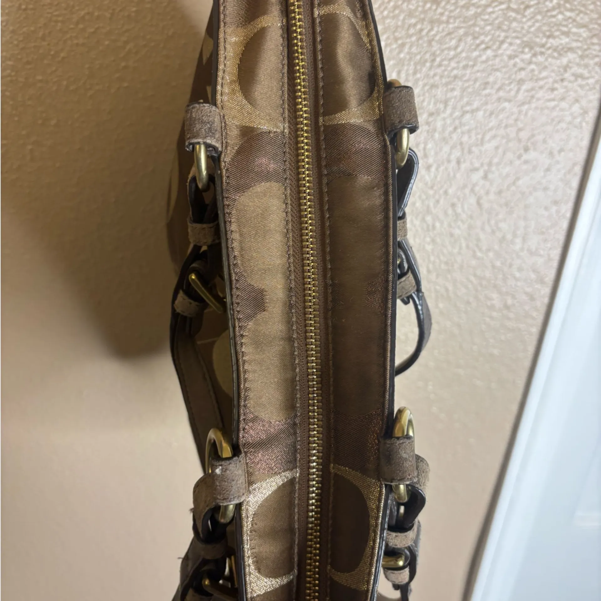 Coach Signature  Sparkle Suede/Canvas Beaded Metallic Brown Tote Bag - Image 10