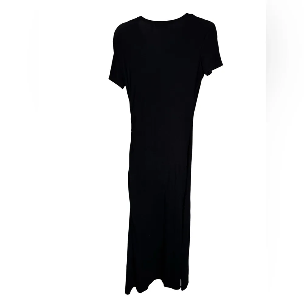 Theory Black Midi Dress Size Small Jersey Knit Ruched Side Bottom Slit Small - Image 4