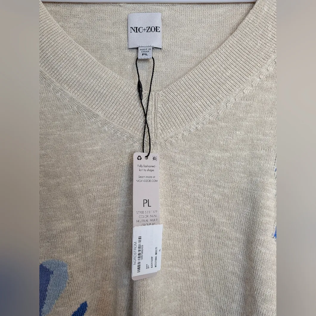 NIC+ZOE Cream V-Neck Sweater with Colorful Accents Size LP - Image 3