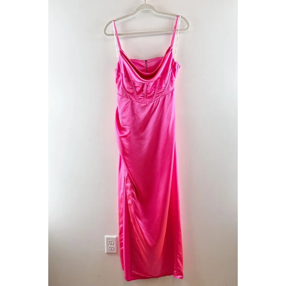 Retrofete Rosa Corset Drape Open Back Satin Maxi Slip Gown Dress Hot Pink Large - Image 4