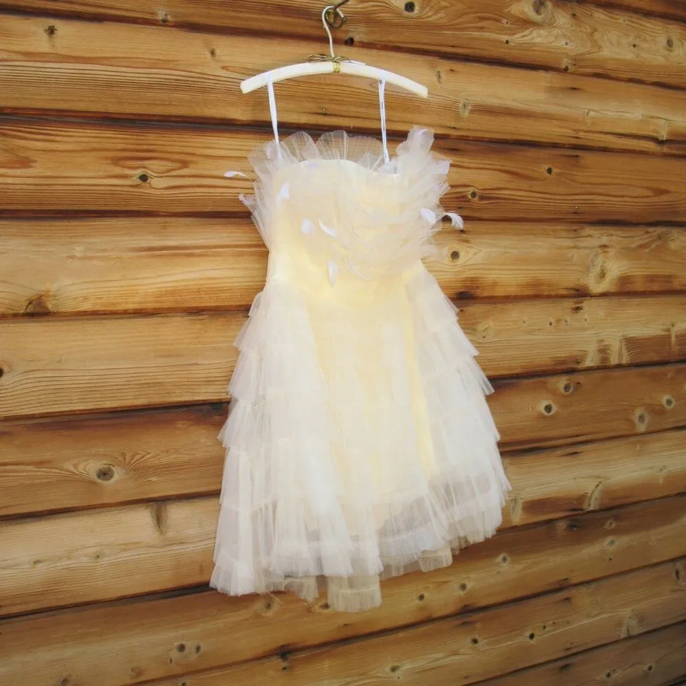 Mac Duggal 20259 MAC DUGGAL  Beige Feathered Strapless Tulle Fit and Flare Dress - Image 11