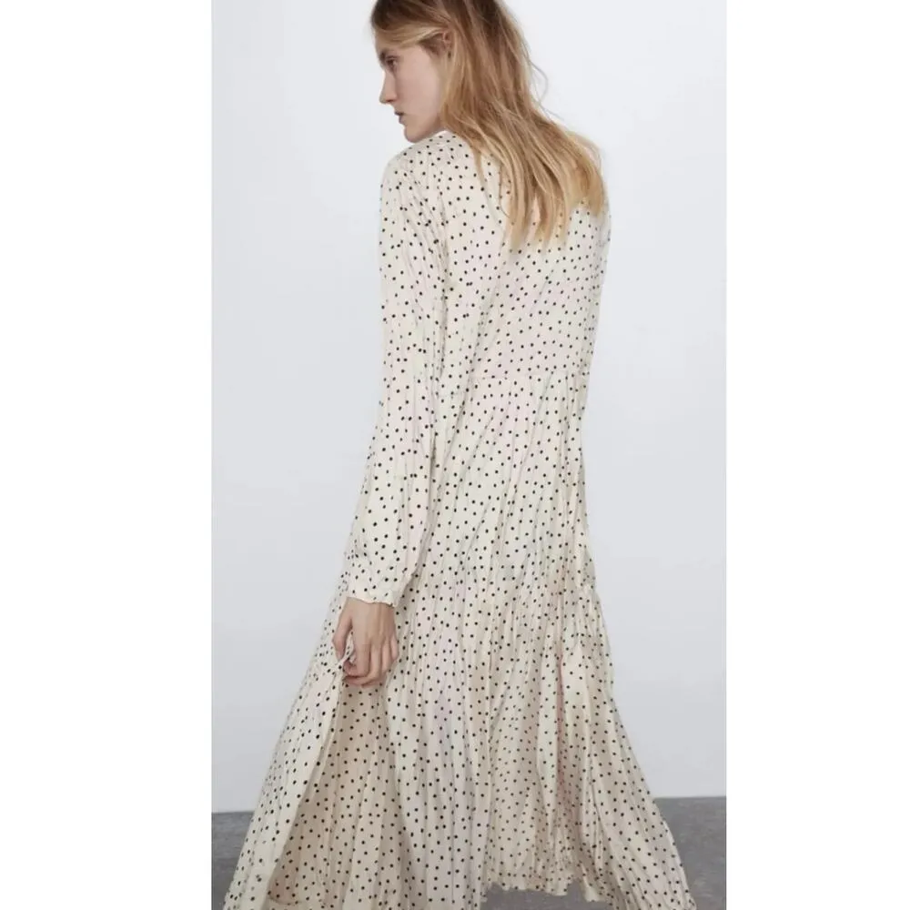 Zara Off White Black Polka Dots Crew Neck Long Sleeve A Line Maxi Dress Size M - Image 3
