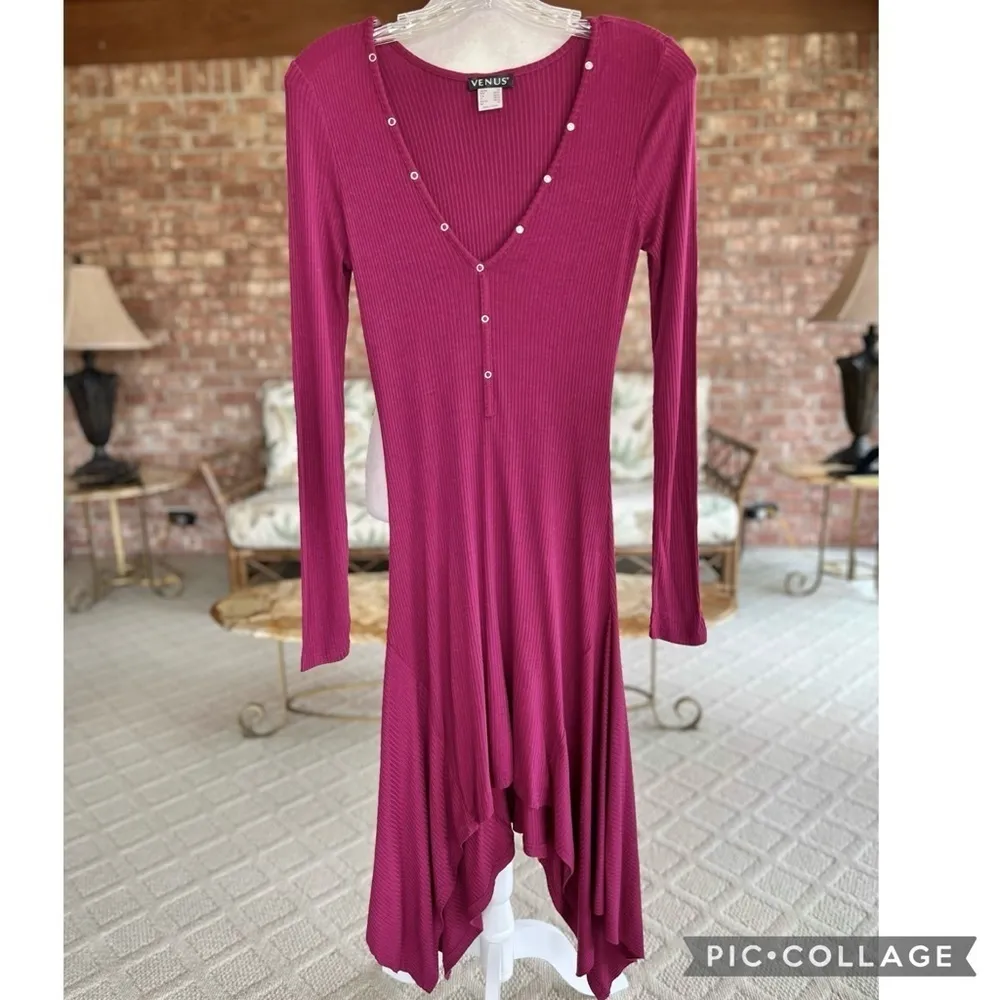 Venus Dress Sharkbite Asymmetrical Knit XS Long Sleeve Magenta Purple Party Chic - Image 13