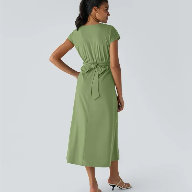 Halara V Neck Short Sleeve Pocket Tie Back Quick Dry Midi Casual Dress Green Lrg - Image 2
