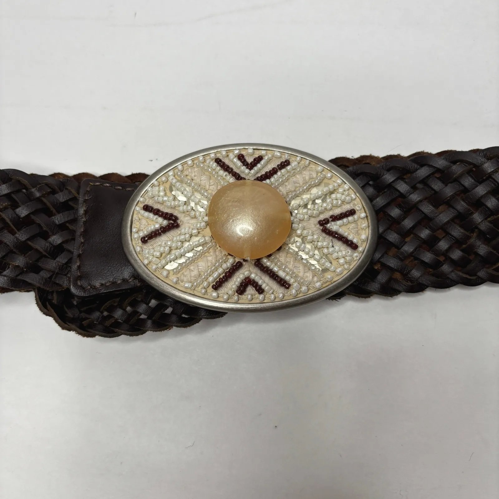 Chicos Brown Woven Leather Belt Womens Oval Beaded Buckle Boho Coastal Cowgirl - Image 2