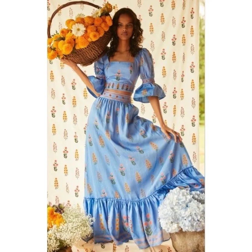 Agua by Agua Bendita Violeta Dahlia Blue Linen Embroidered Floral Cropped Top - Image 12