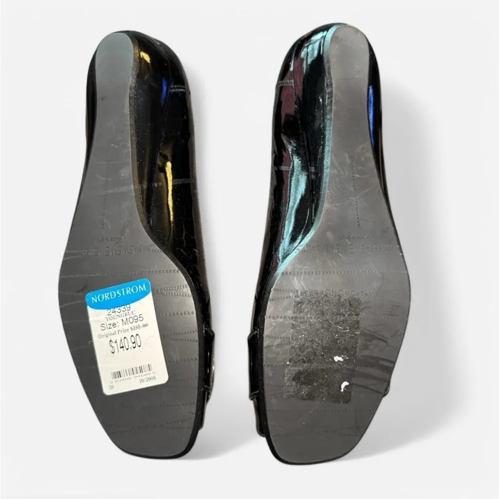 Stuart Weitzman Black Patent Leather Silver Buckle Peep-Toe Flats - Image 8