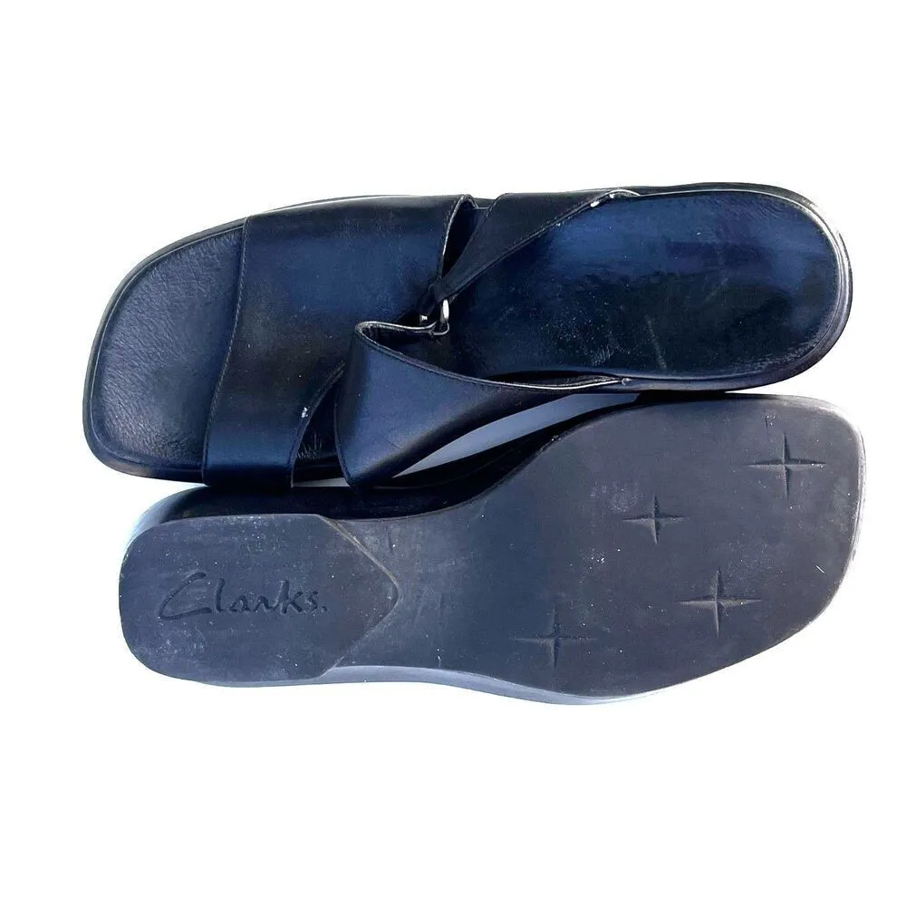 Womens Clarks leather shoes black open sandals low comfortable heels size 7M - Image 3