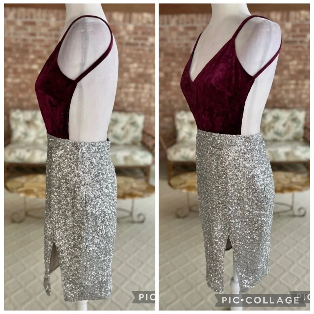 Akira Silver Sequin Dress Burgundy Velvet Backless Mini Cocktail S Black Label - Image 13