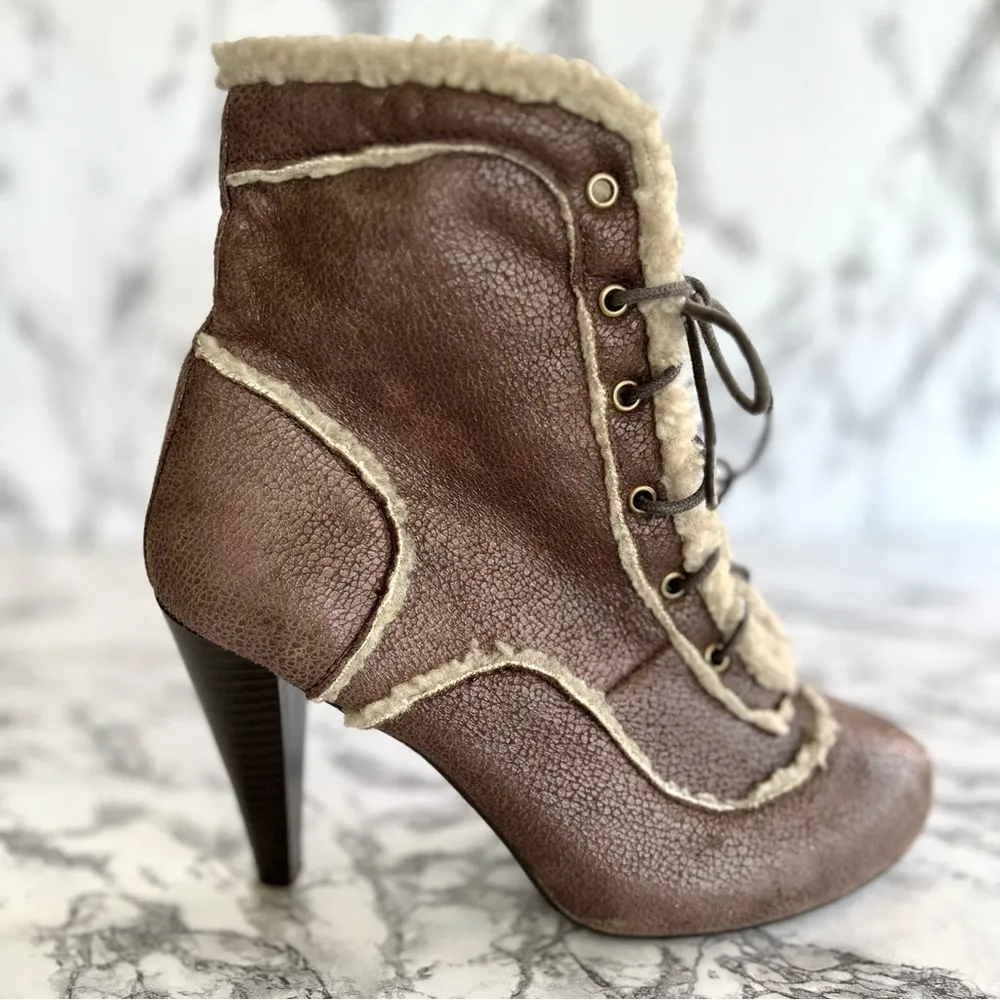 Eryn Brinie Booties 6.5 Sherpa Brown Lace Up Faux Suede Heeled - Image 10