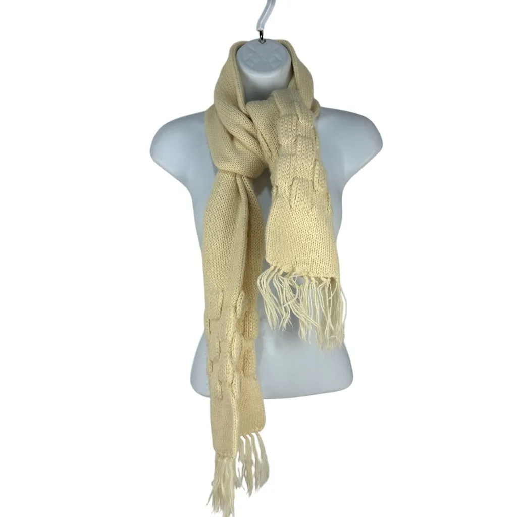 Cream Knitted Scarf With Fringe Details & Textured Pattern - Image 2