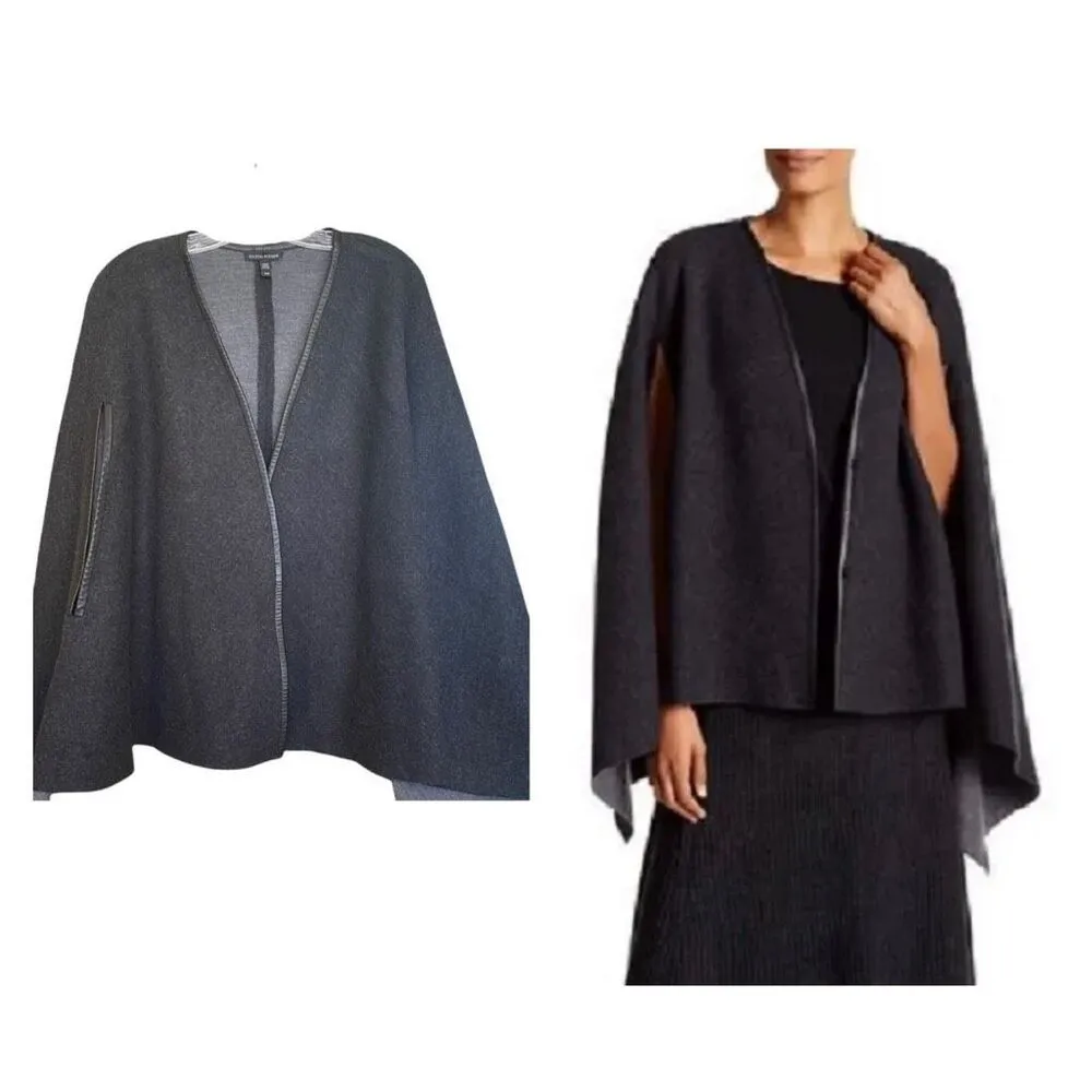 Eileen Fisher Felted Merino Wool Snap Front Cape With 100% Leather Trim Sz S/M - Image 10