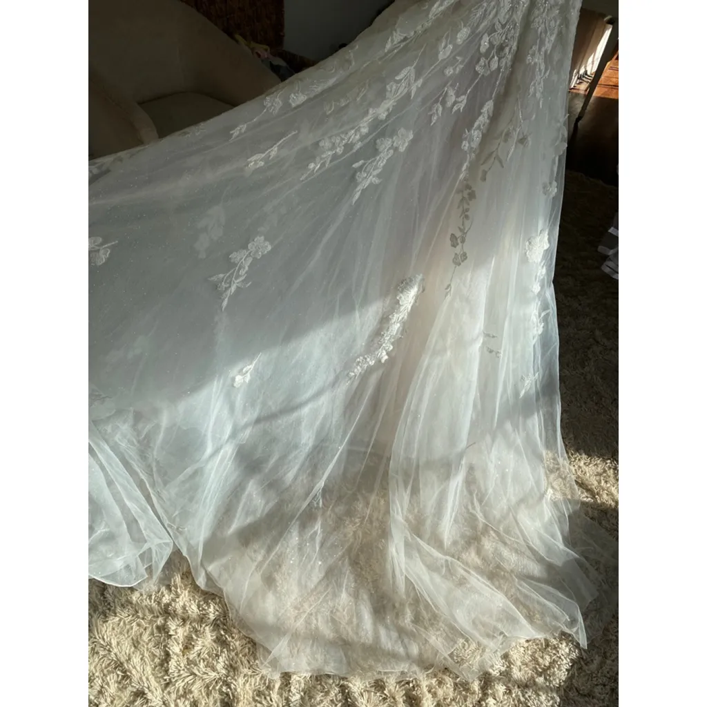 GALINA SIGNATURE Floral Tulle Wedding Dress Gown Removable Sleeve Coquette Bride - Image 8