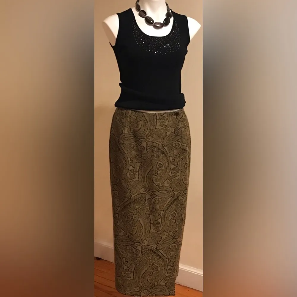 Maxi Rap Skirt  Tan & Black Brocade Designs Print Vintage SZ 10 - Image 2