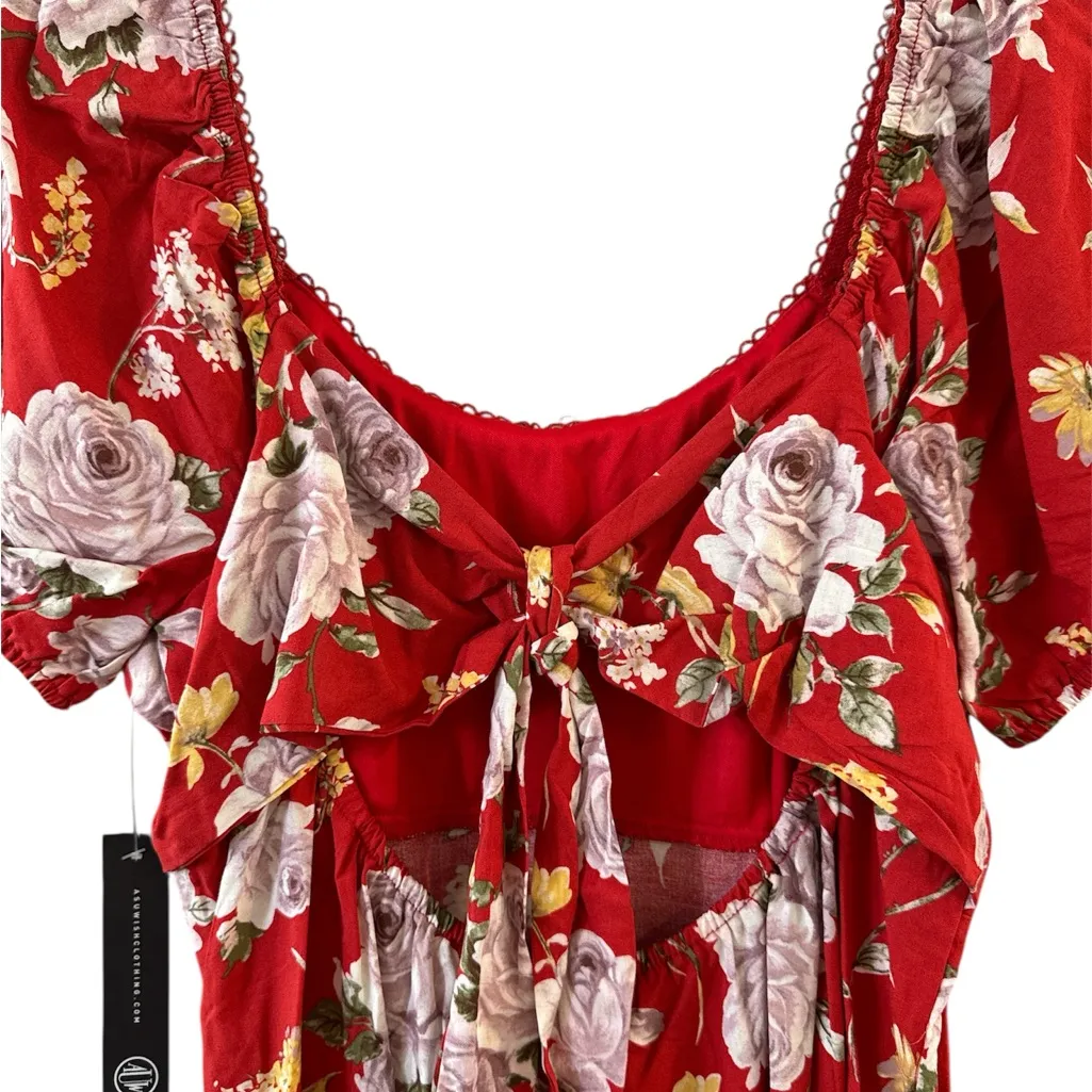 Floral Red Dress with Puff Sleeves Size L. Cut out in back Midi length. - Image 2