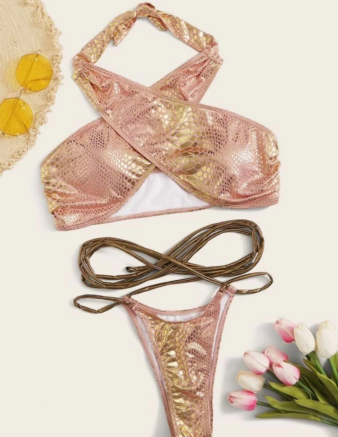 Gold & Pink Snake Print  Wrap Bikini  - Image 2