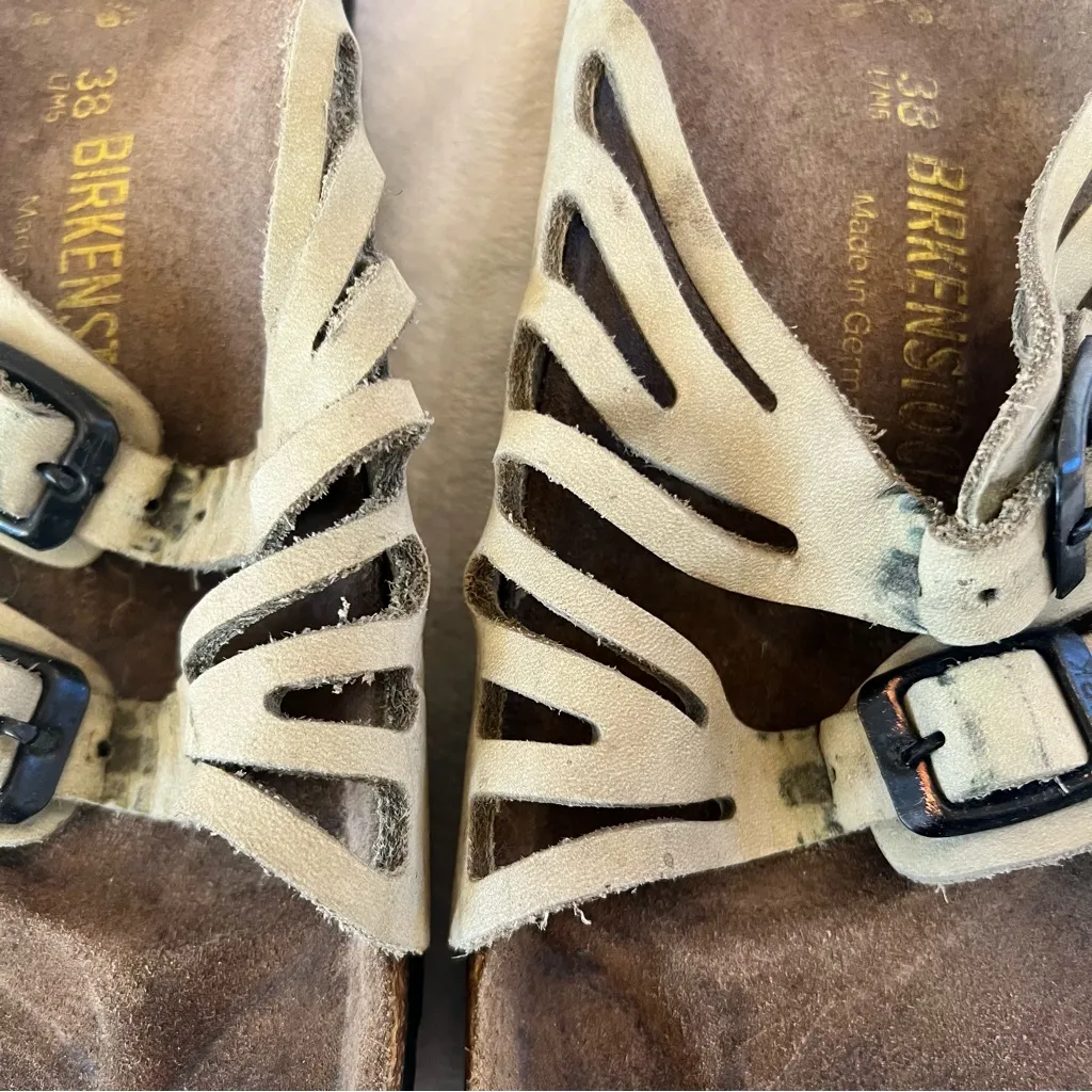 Birkenstock Sandals Size 38 (7) Granada Soft Footbed Slides Cream Leather Buckle - Image 6