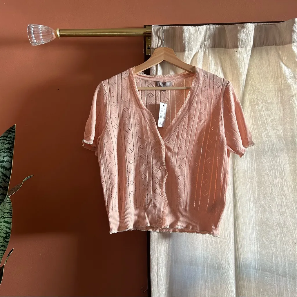 J. Crew Pointelle‎ Short-sleeve V-neck Cardigan Balletcore Ultra-fine Cotton NWT - Image 2