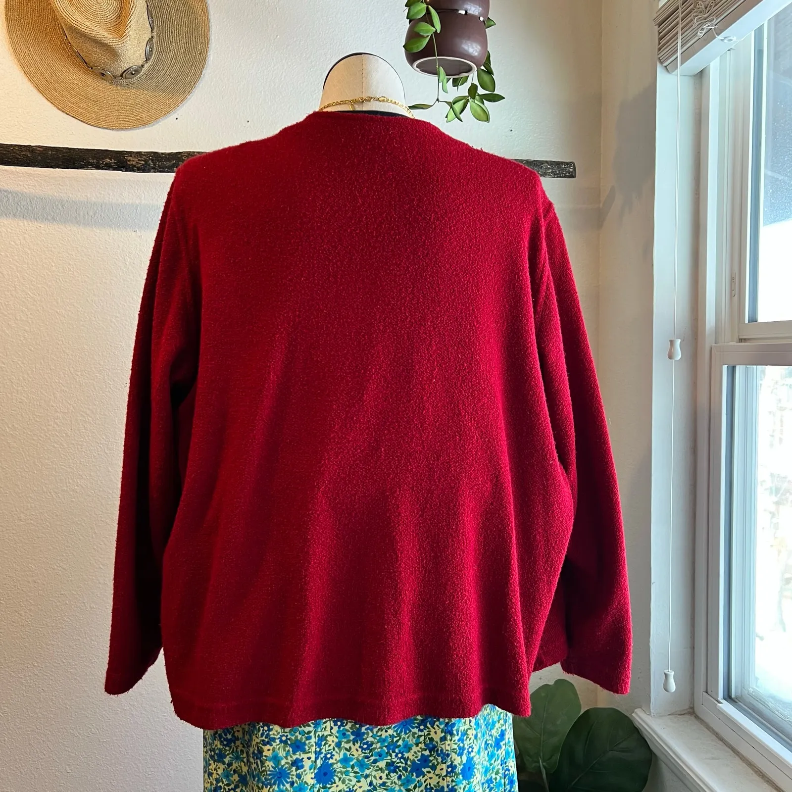 Vintage 90s Soft Red Zip Up Floral Embroidered Cardigan Sweater Size XL - Image 3