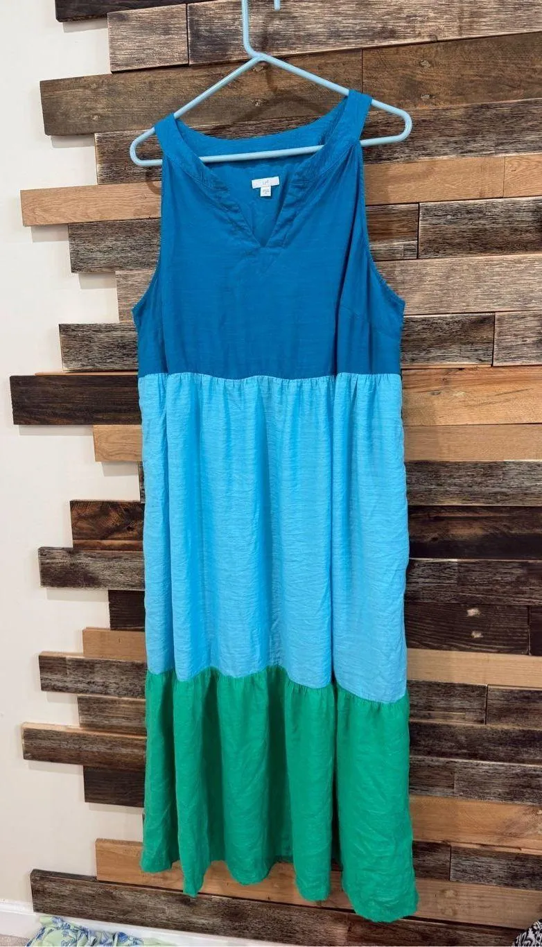 J. Jill Color Block Tier Maxi Tank Dress Blue Green Rayon Pockets Sz 2X - Image 2