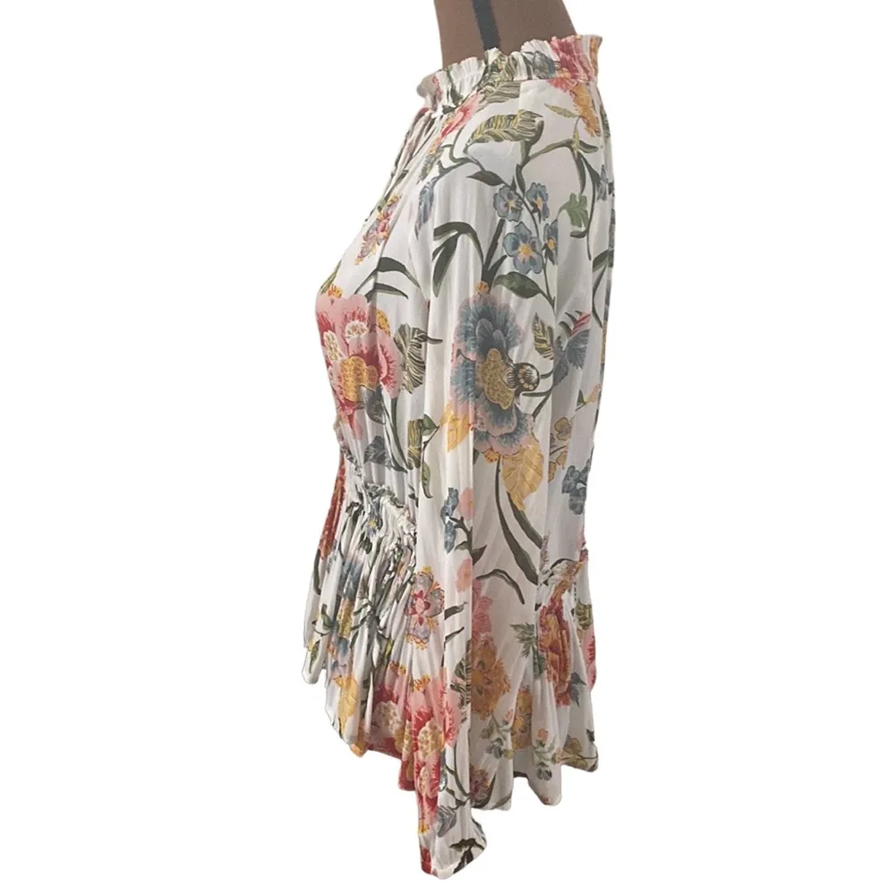 Loft floral high smocked neckline ruffled peplum blouse with front tie size S - Image 4