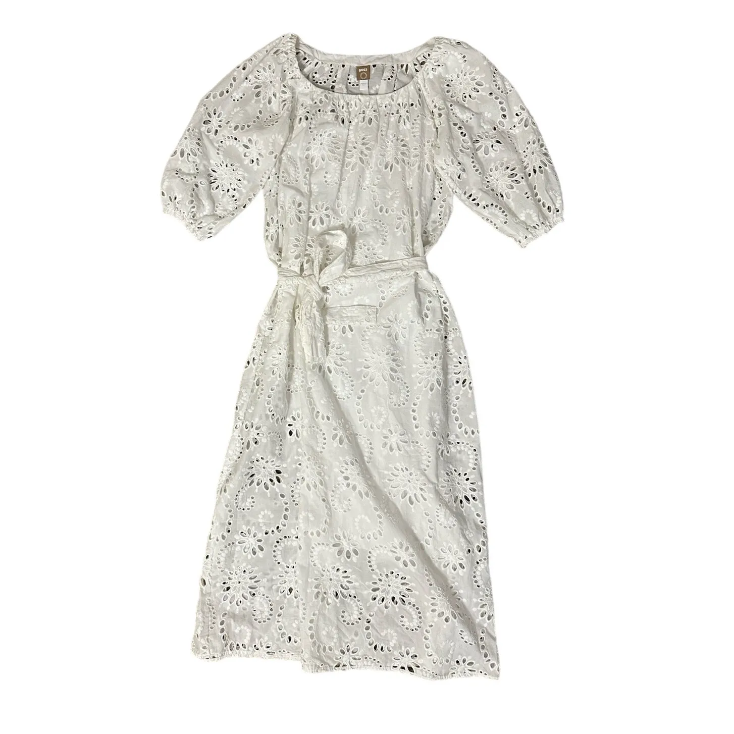 Hugo Boss Midi Dress White Eyelet Lace Sheer Short Sleeve Belted size 4 - Image 4
