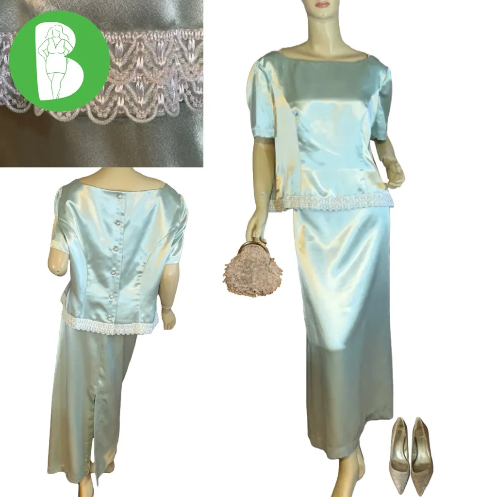 VINTAGE 1980'S HANDMADE/HOMEMADE MINTY GREEN SATIN W/WHITE TRIM SKIRT SET (XL) - Image 2