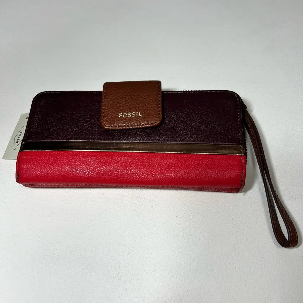 🆕 NWT Fossil Madison Zip Clutch Bronze Multicolor Leather Wristlet Colorblock - Image 11