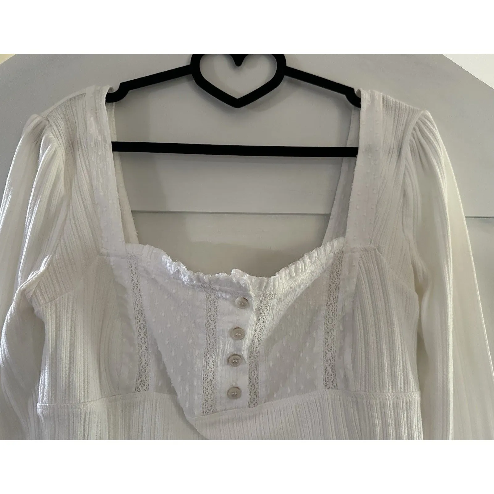 Free‎ People Cathleen White Peasant Long Sleeve Lace Blouse Size M Top Shirt - Image 2
