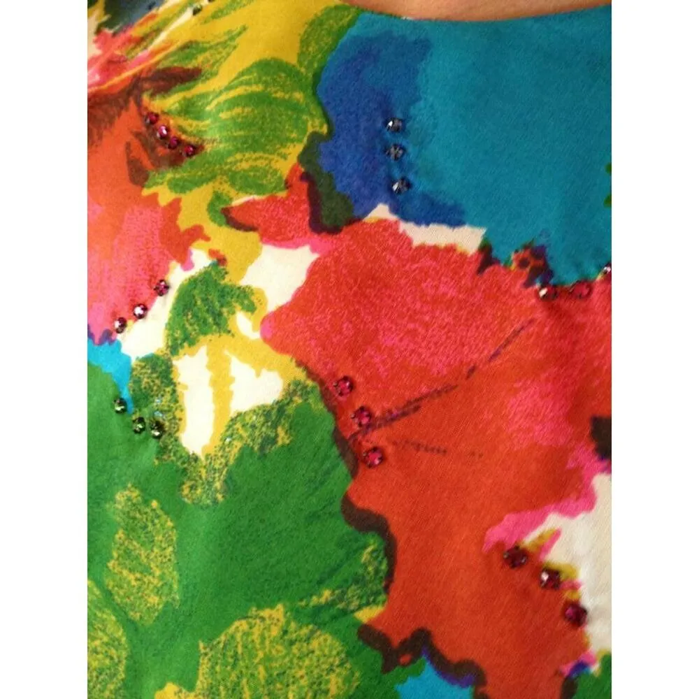 Vintage 1960s Primary Colored Floral Silk Dress Mardi Gras New York Small - Image 6