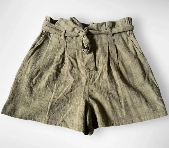 GOOD LUCK GEM Women's High Waist Paper Bag Khaki Green Shorts Large | NWT - Image 1