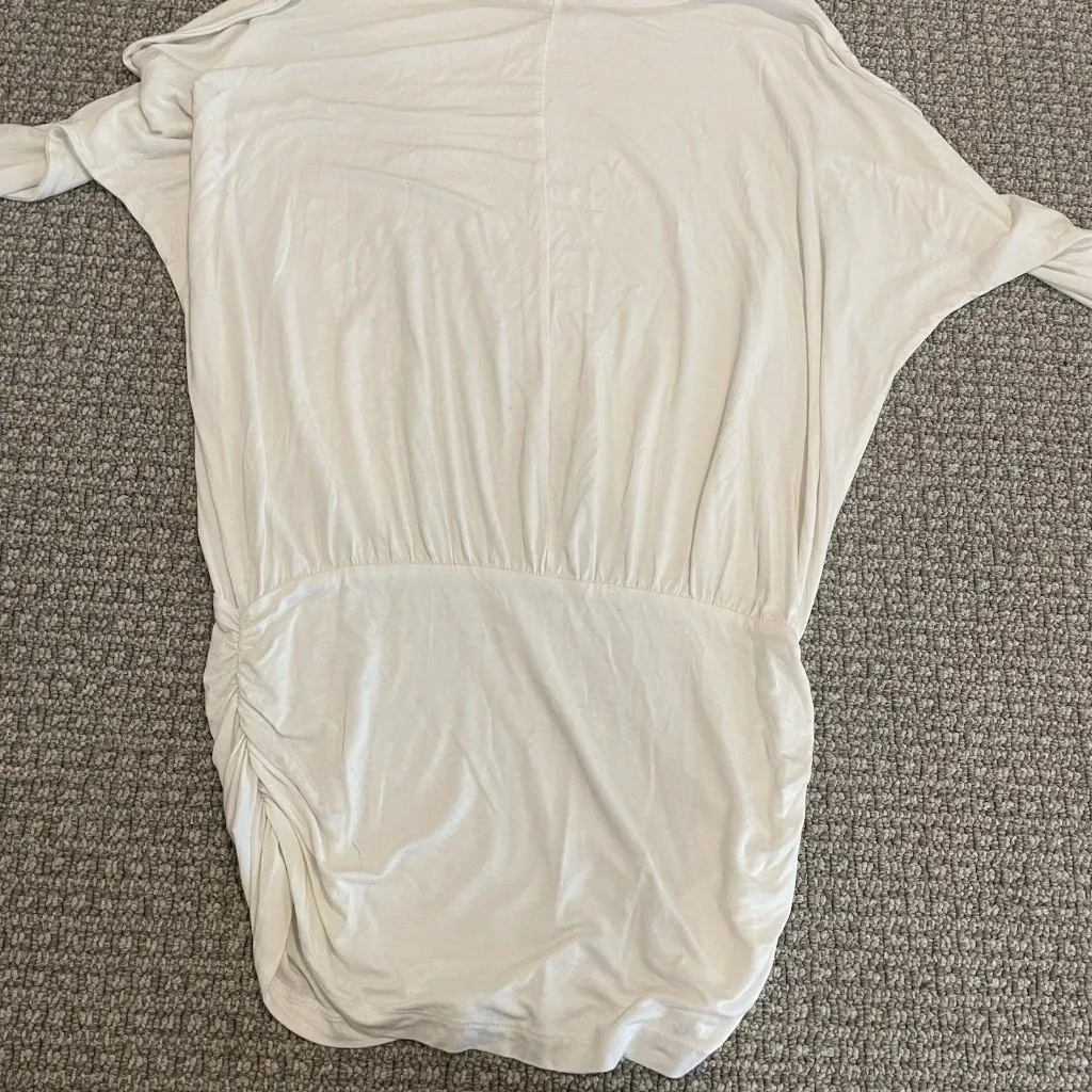 Boston Proper Shirt Womens Medium White Cap Sleeve Ruched Tunic Stretch Long Slv - Image 3