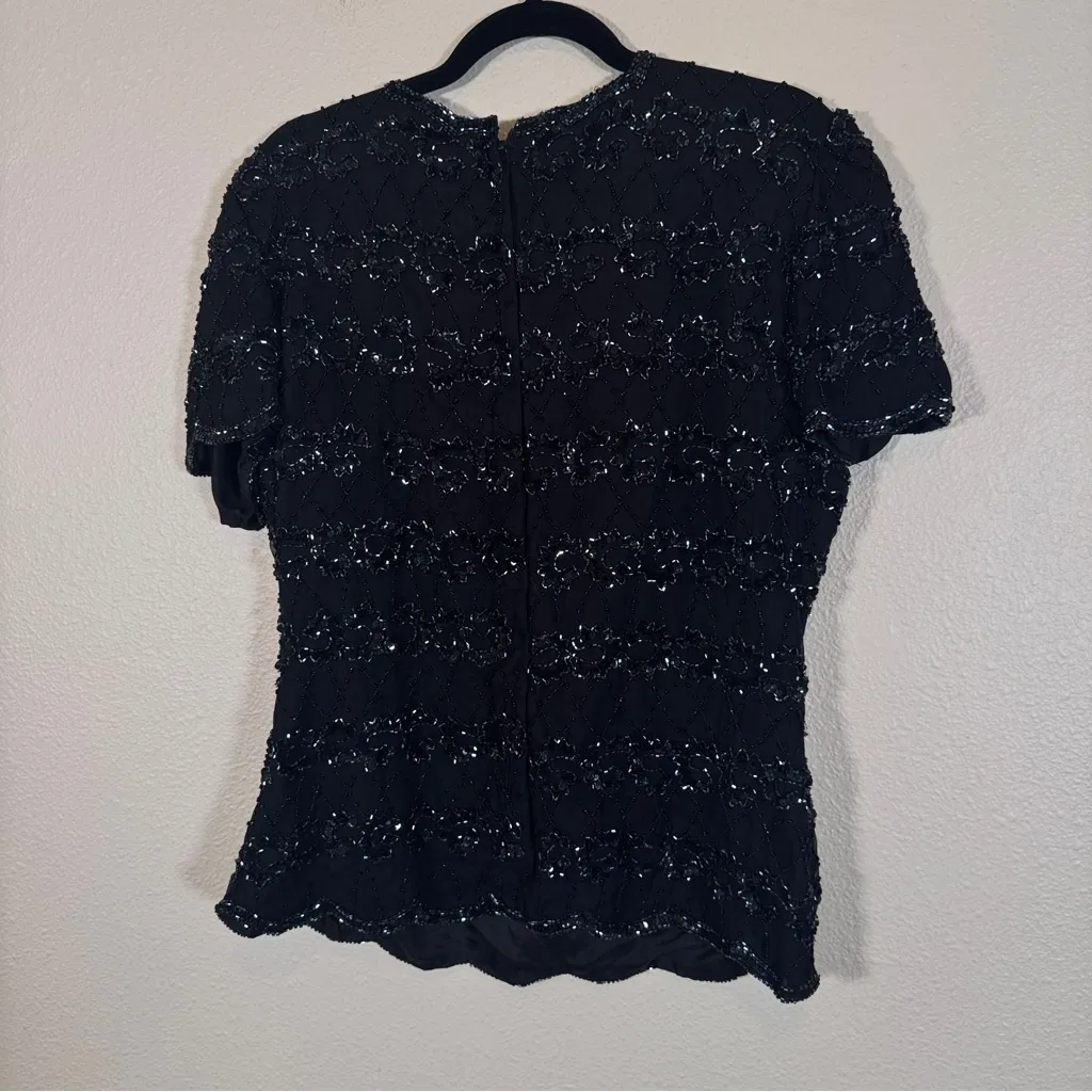 Vintage Stenay Black Silk Beaded Blouse Womens L Short Sleeve Formal Dressy Size L - Image 9